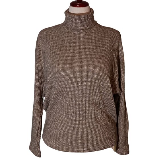 NEW OGL Oatmeal Sparkle Dolman Sleeve Waffle Knit Turtleneck Brami Sweater L - Picture 1 of 12